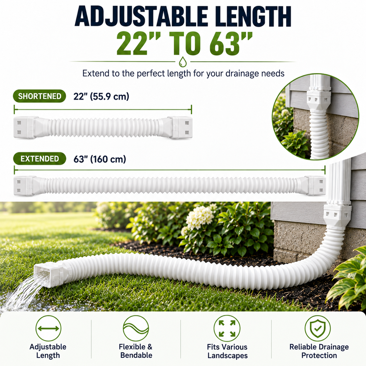 Flexible Gutter Downspout Extension for Rainwater Routing