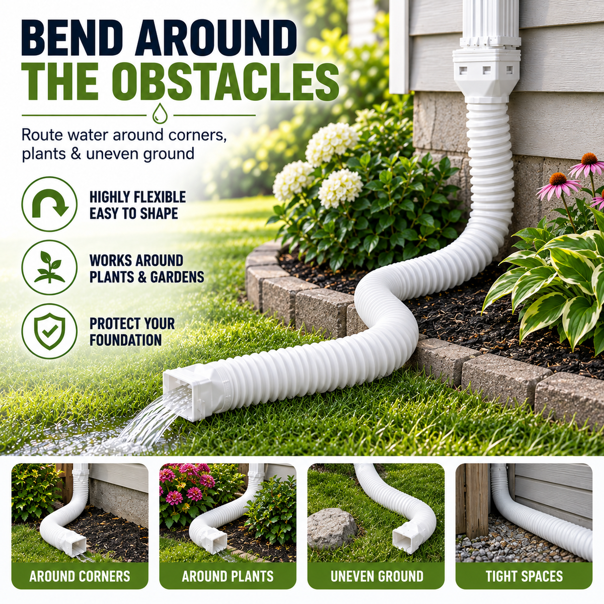 Flexible Gutter Downspout Extension for Rainwater Routing
