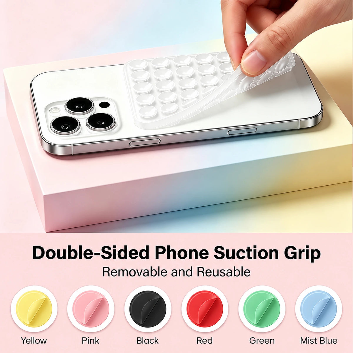 Double-sided suction phone mount pad colors: Yellow, Pink, Black, Red, Green, and Mist Blue
