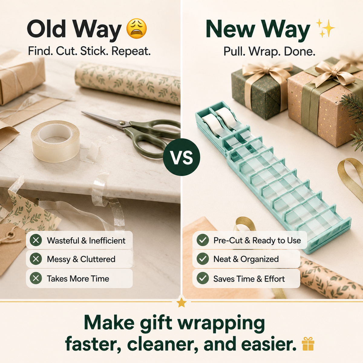 Retractable Tape-Strip Prep Dispenser for Gift Wrapping