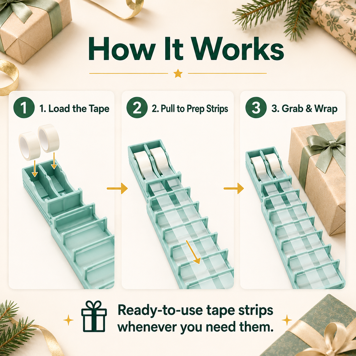 Retractable Tape-Strip Prep Dispenser for Gift Wrapping