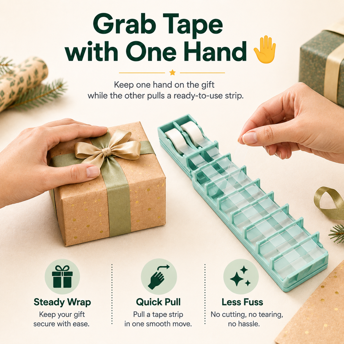 Retractable Tape-Strip Prep Dispenser for Gift Wrapping