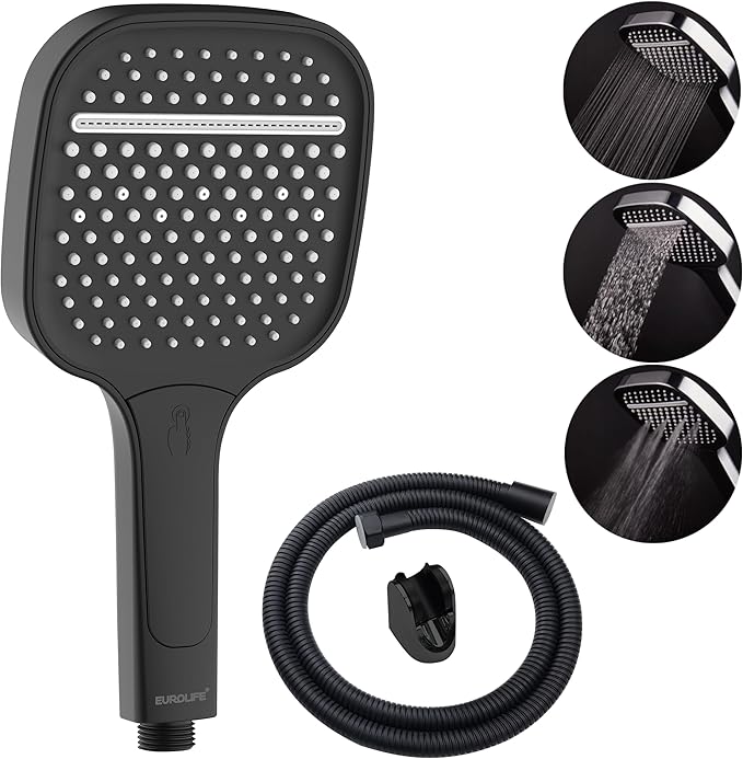 High Pressure Handheld Shower Head – 3 Spray Settings- Luxury Modern Chrome Look. Built-in Power Spray to Clean Corner. Tub and Pets. Stainless Steel Hose. ABS Adjustable Bracket. Black Color