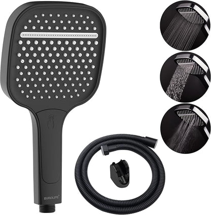 High Pressure Handheld Shower Head – 3 Spray Settings- Luxury Modern Chrome Look. Built-in Power Spray to Clean Corner. Tub and Pets. Stainless Steel Hose. ABS Adjustable Bracket. Black Color