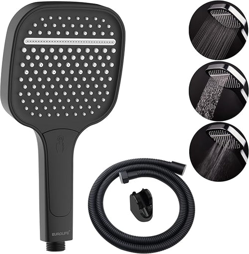 High Pressure Handheld Shower Head – 3 Spray Settings- Luxury Modern Chrome Look. Built-in Power Spray to Clean Corner. Tub and Pets. Stainless Steel Hose. ABS Adjustable Bracket. Black Color