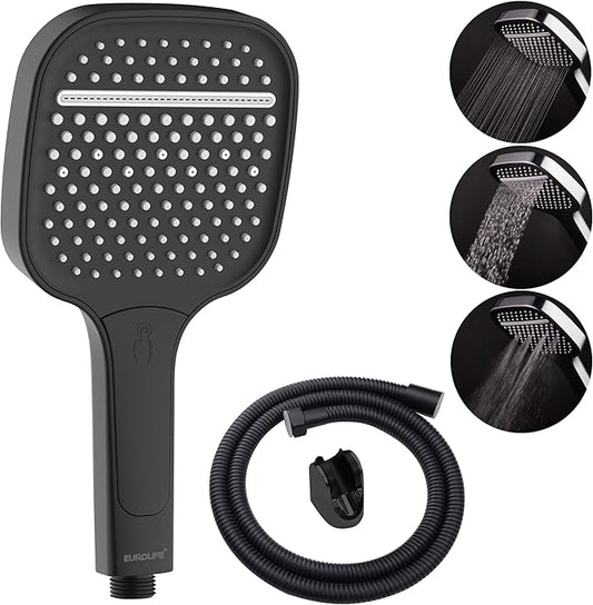 High Pressure Handheld Shower Head – 3 Spray Settings- Luxury Modern Chrome Look. Built-in Power Spray to Clean Corner. Tub and Pets. Stainless Steel Hose. ABS Adjustable Bracket. Black Color