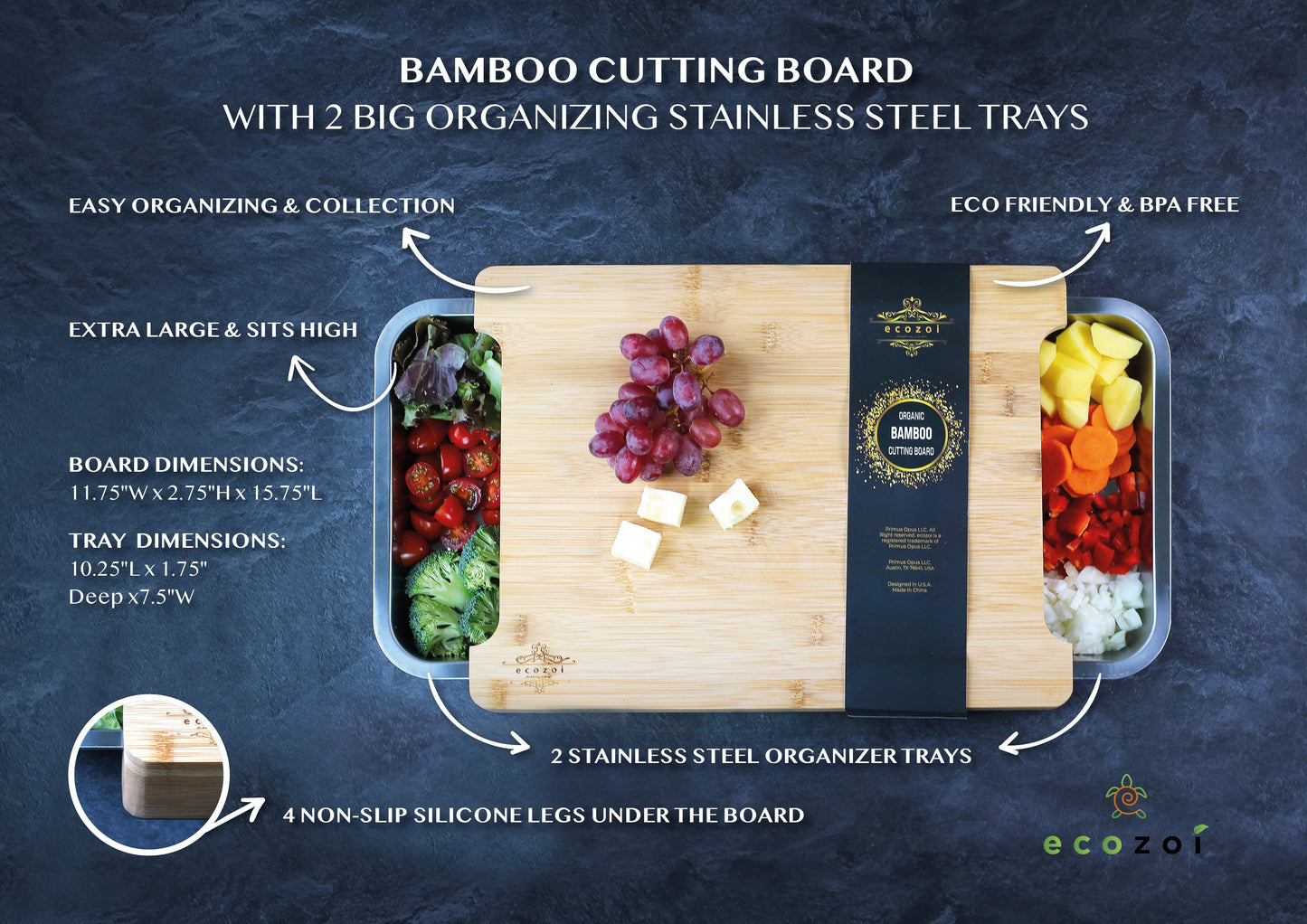 Bamboo Cutting Board with 2 Stainless Steel Trays – Beige