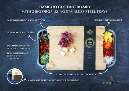 Bamboo Cutting Board with 2 Stainless Steel Trays – Beige