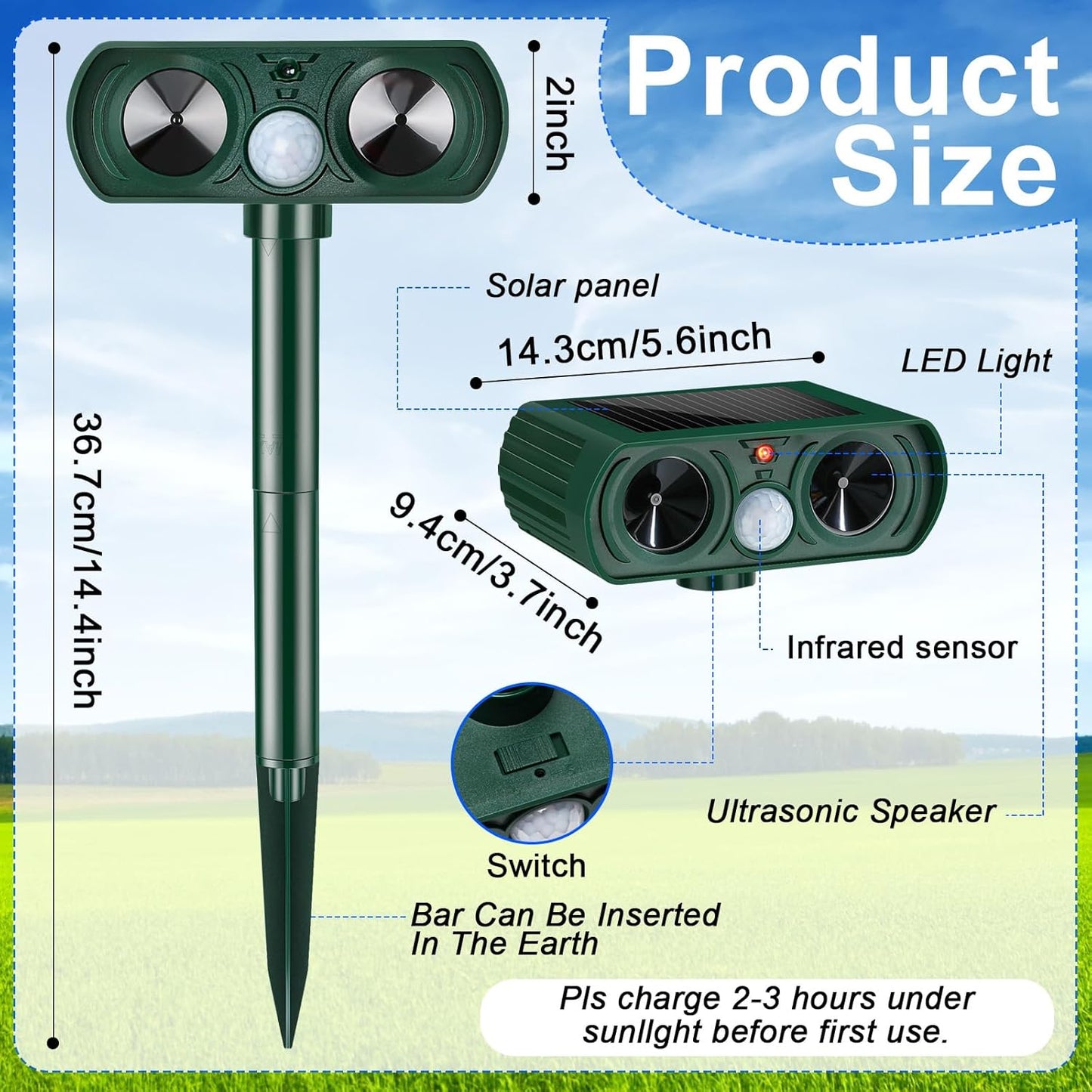 Elarohome Solar Ultrasonic Animal Repeller for Dogs, Cats, Raccoons
