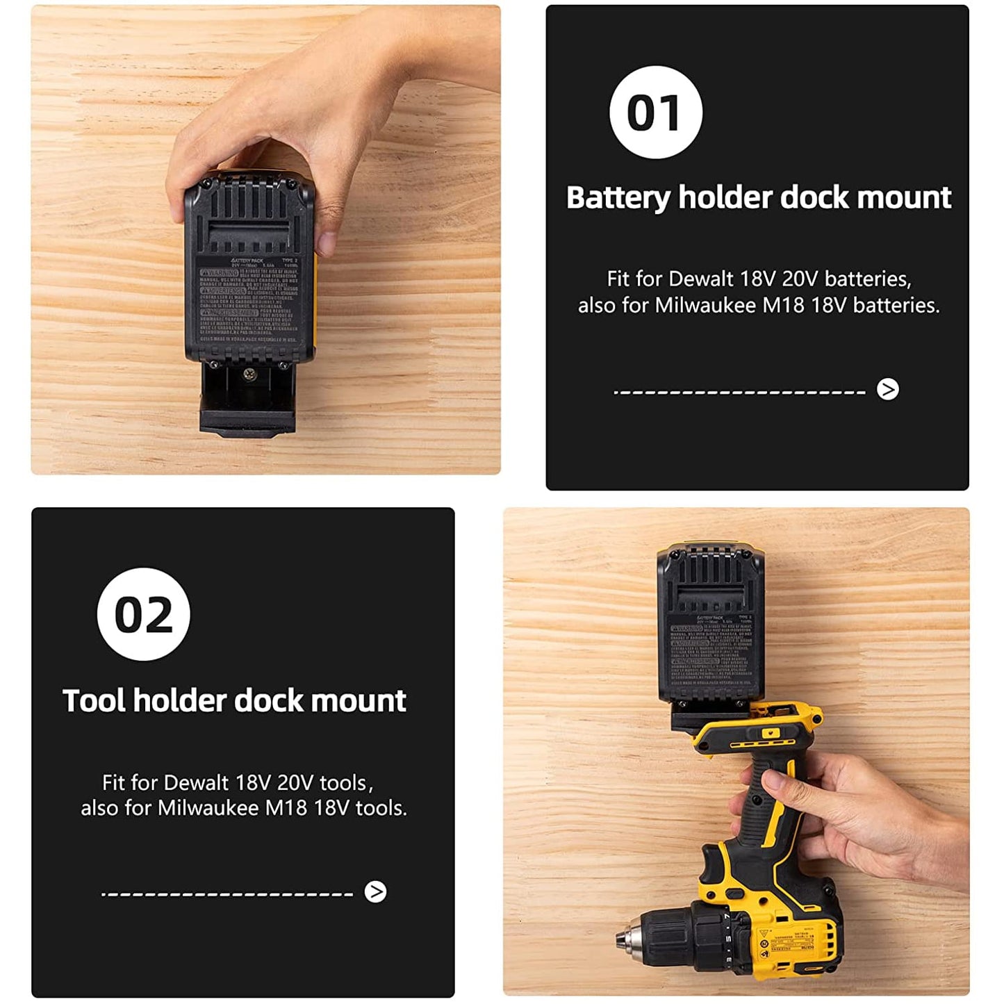 5-Pack 2-in-1 Power Tool & Battery Holder Mounts for Dewalt/Milwaukee 18V Li-ion Batteries & Cordless Tools
