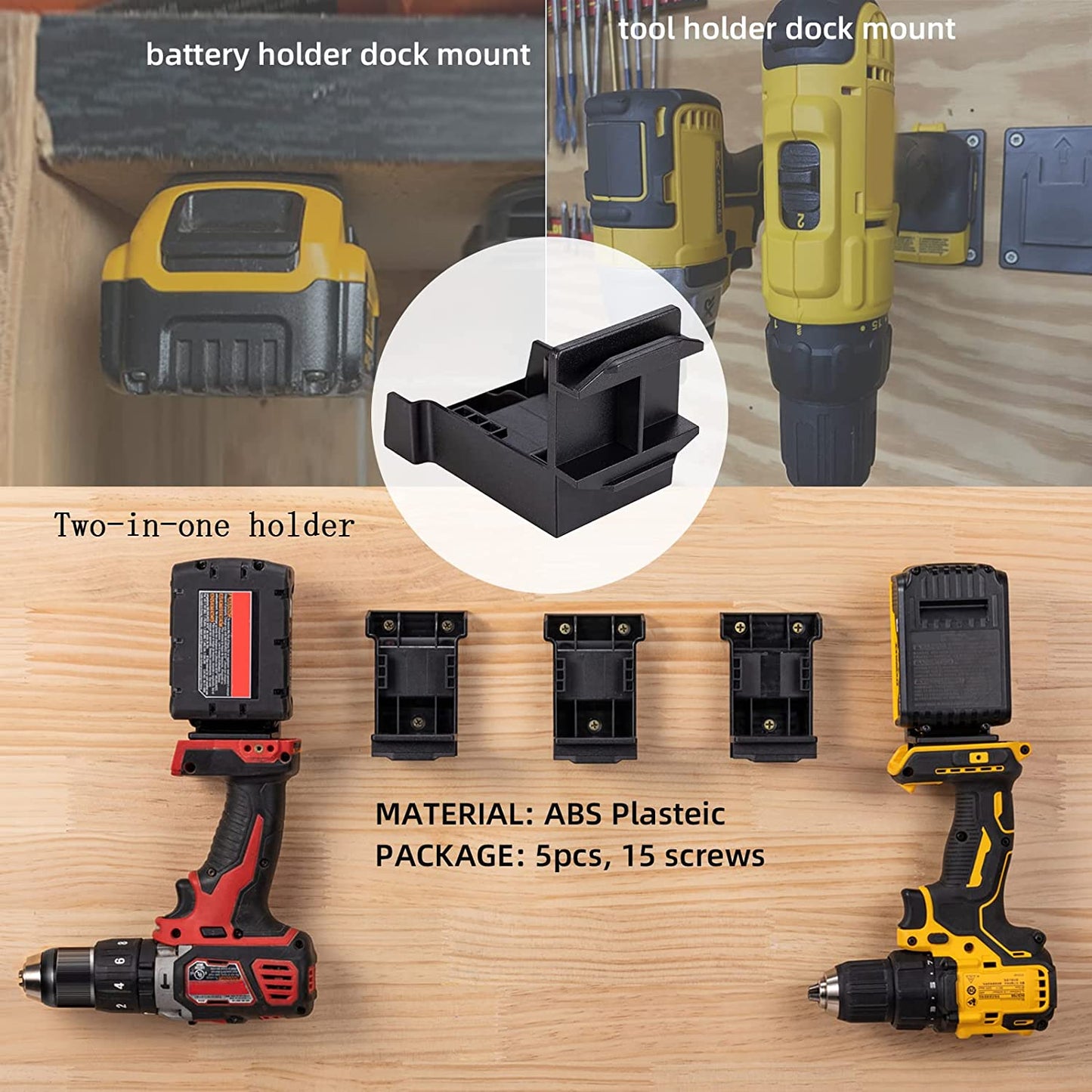 5-Pack 2-in-1 Power Tool & Battery Holder Mounts for Dewalt/Milwaukee 18V Li-ion Batteries & Cordless Tools