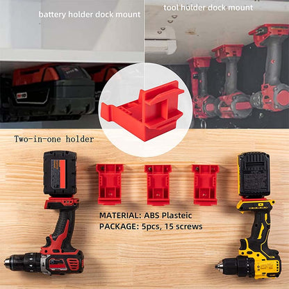 5-Pack 2-in-1 Power Tool & Battery Holder Mounts for Dewalt/Milwaukee 18V Li-ion Batteries & Cordless Tools