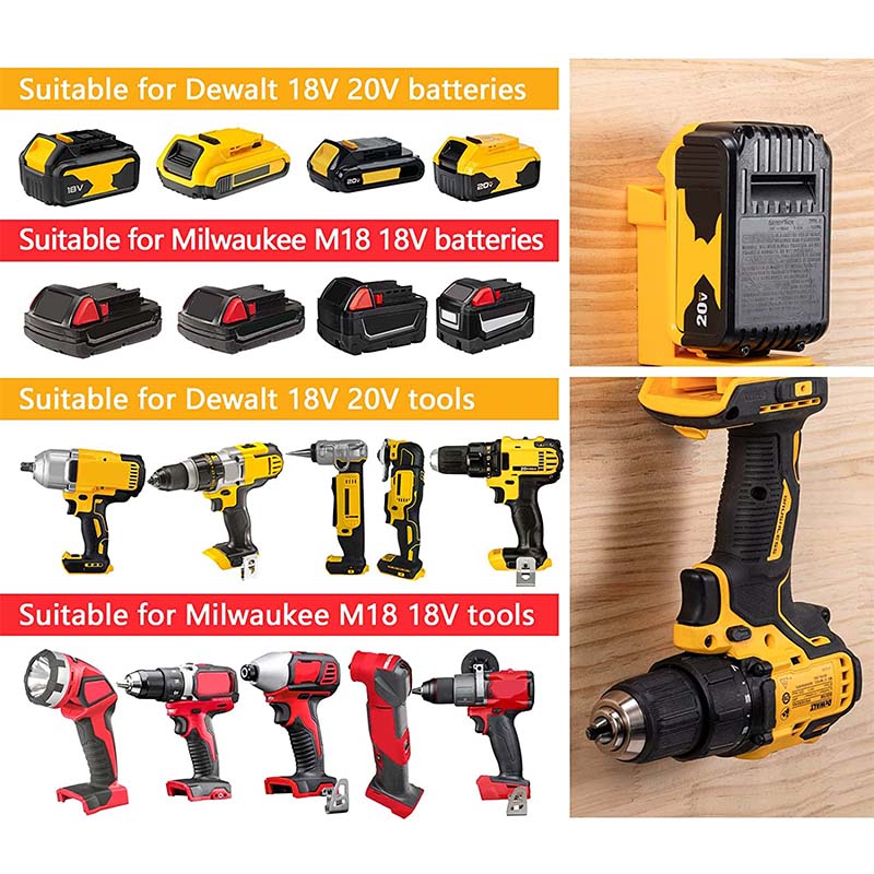 5-Pack 2-in-1 Power Tool & Battery Holder Mounts for Dewalt/Milwaukee 18V Li-ion Batteries & Cordless Tools