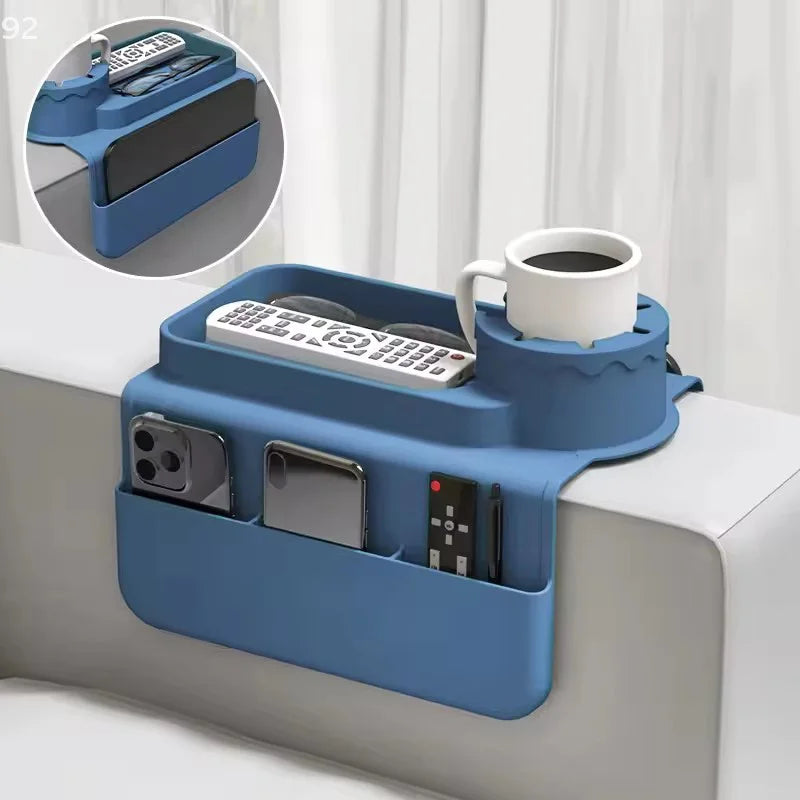 Blue sofa arm tray in use