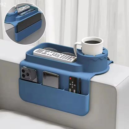 Blue sofa arm tray in use