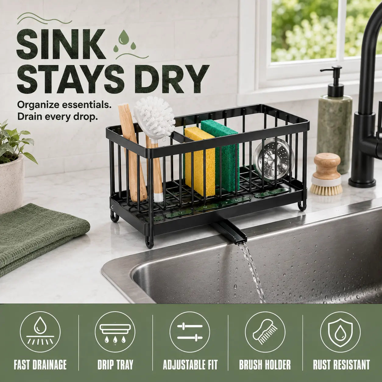 Adjustable Kitchen Sink Caddy with Drip Tray