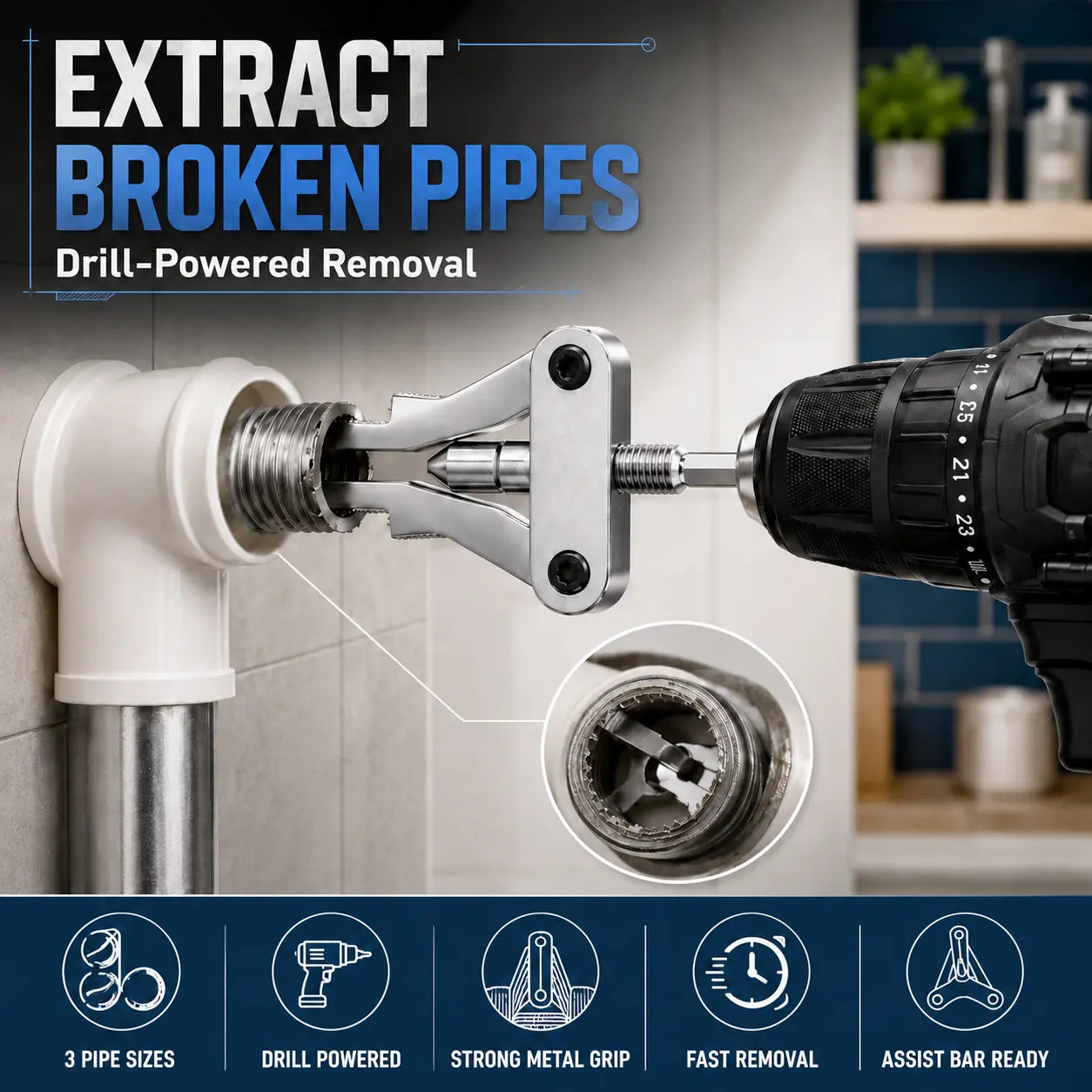 Drill-Powered Broken Pipe Thread Extractor