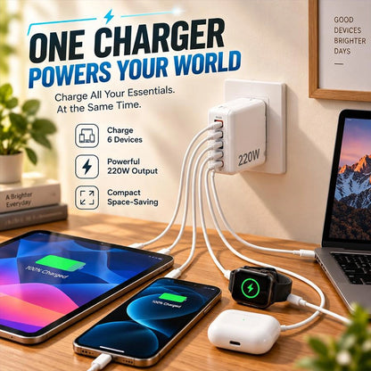 Six-Port USB and USB-C Wall Charger for Multi-Device Charging