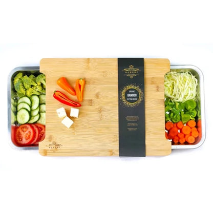Bamboo Cutting Board with 2 Stainless Steel Trays – Beige