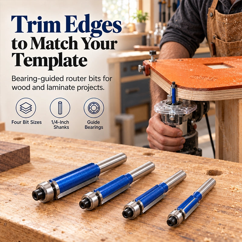 4-Piece Dual-Bearing Flush Trim Router Bit Set, 1/4-Inch Shank