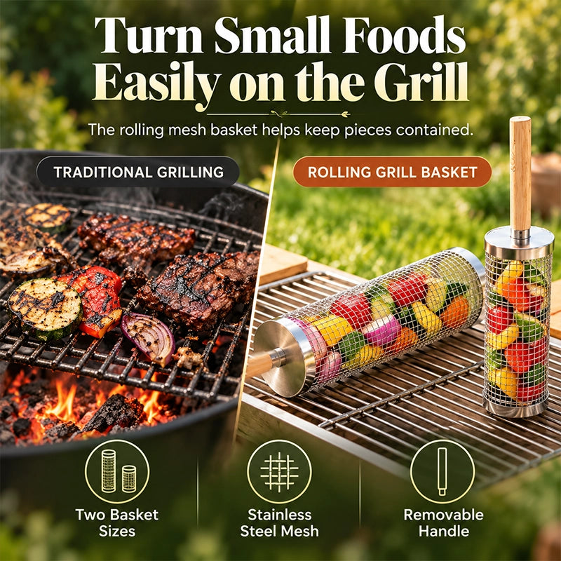 Nested Stainless Steel Rolling Grill Baskets with Wooden Handles