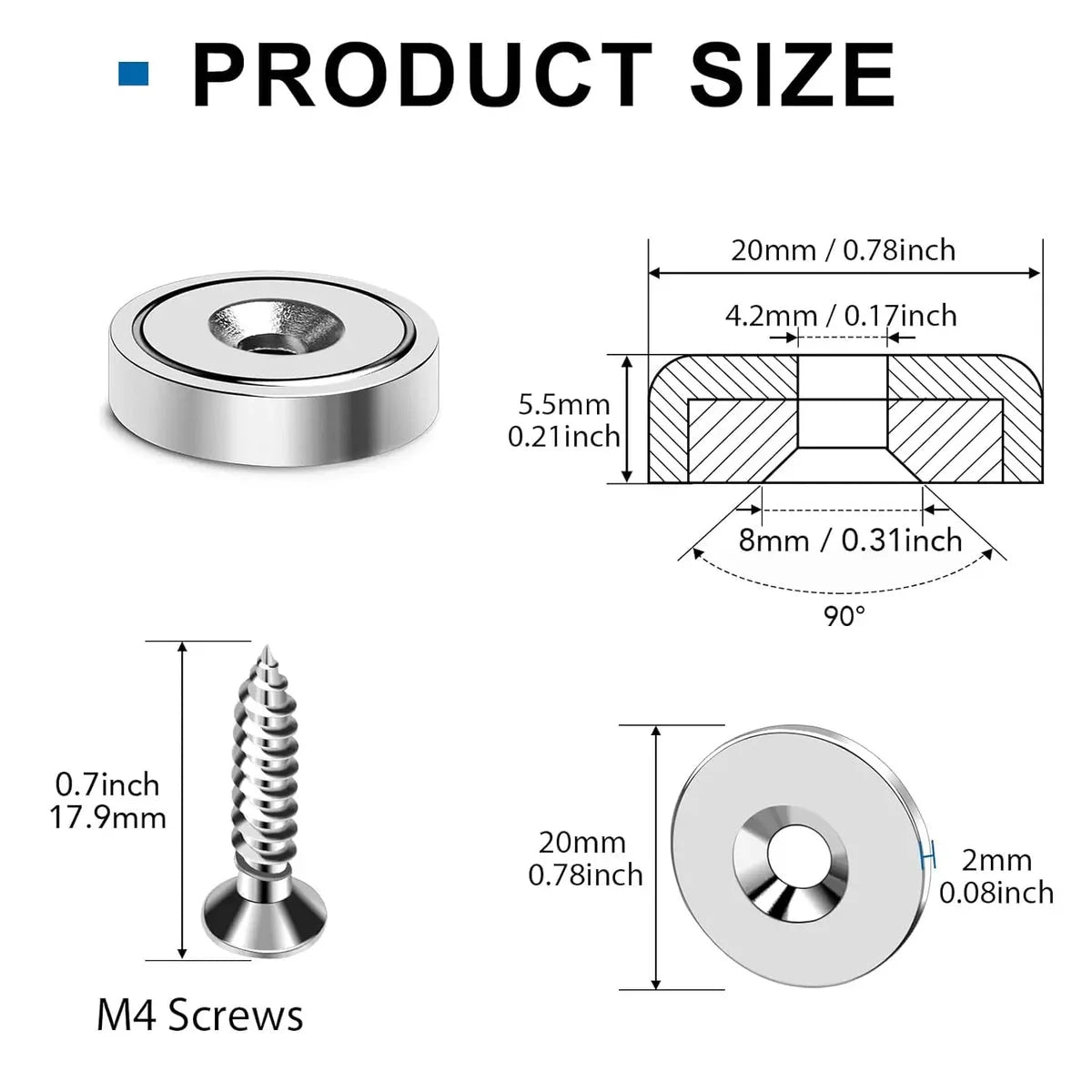 20 mm Countersunk Disc Magnets with Mounting Screws, 10-Pack — view 2