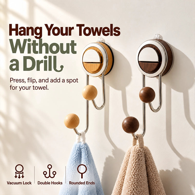 Wood-Look Double-Ball Suction Hook for Smooth Walls
