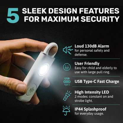 Personal Safety Alarm - 130 dB Anti-theft LED Light SOS Mode USB Type-C for Kids/Women or Camping