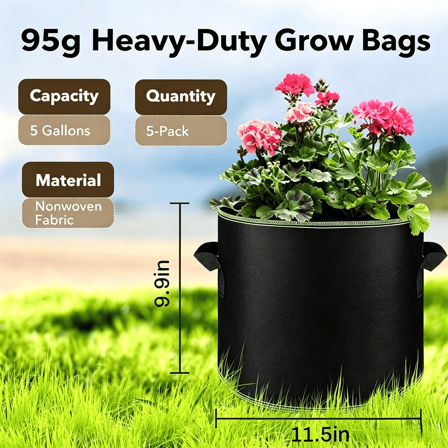 🌱 5-Pack 5 Gallon Grow Bags