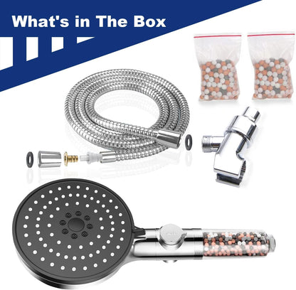 High-Pressure Mineral Shower Head with Bead Filter | 5 Spray Modes + Pause Function | Includes 70" Hose & Bracket