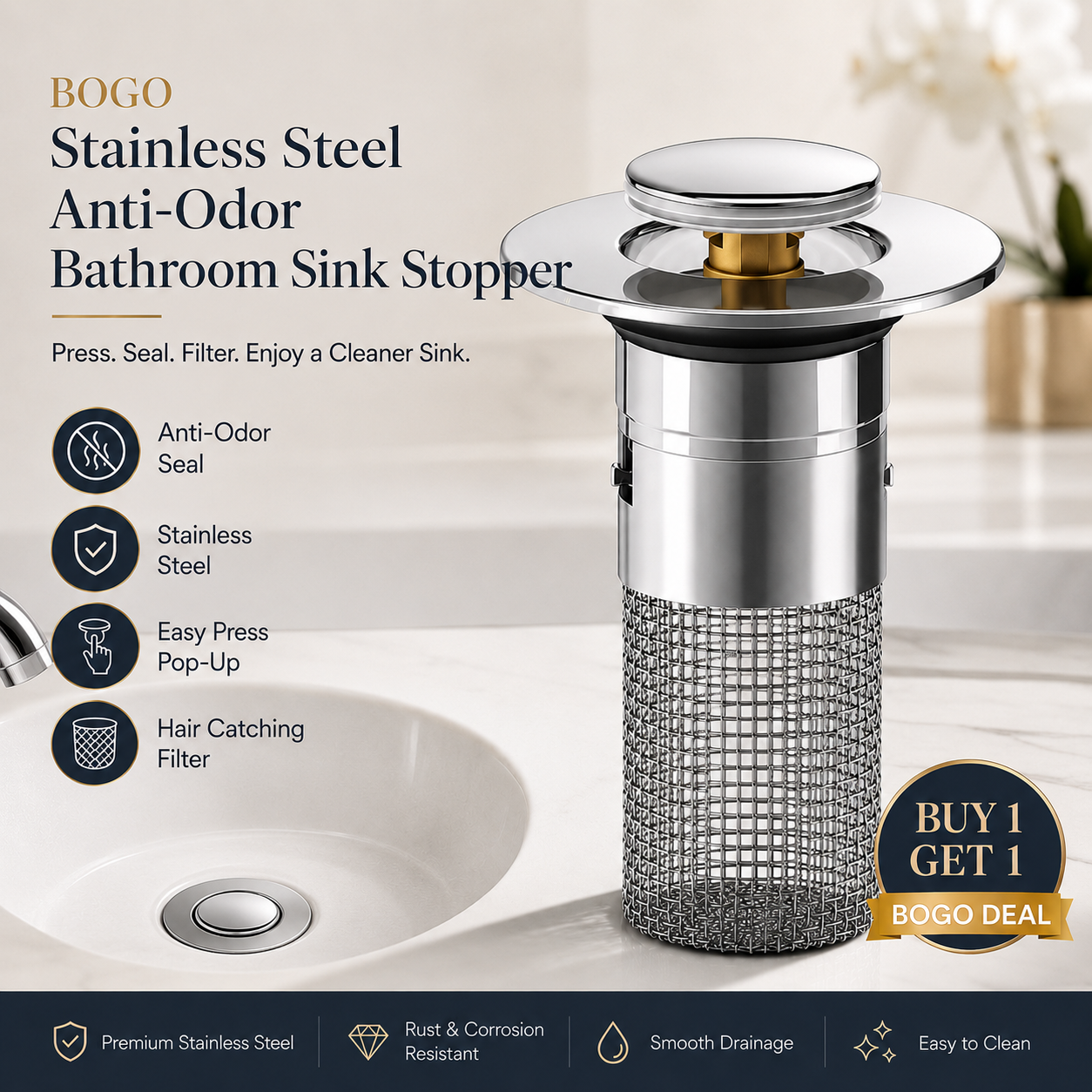 Stainless Steel Anti-Odor Bathroom Sink Stopper-3 PCS