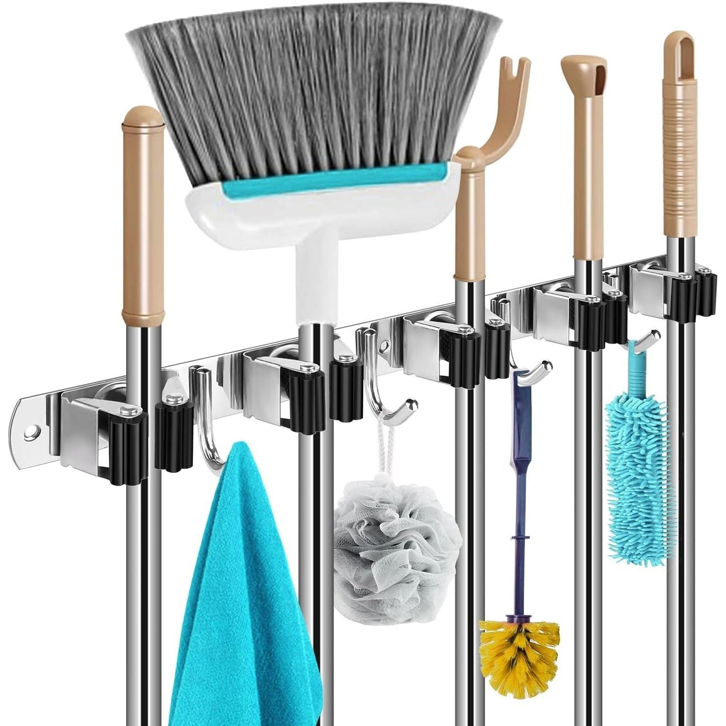 Wall-Mounted Mop and Broom Organizer – 5 Slots, 4 Hooks – product image 1