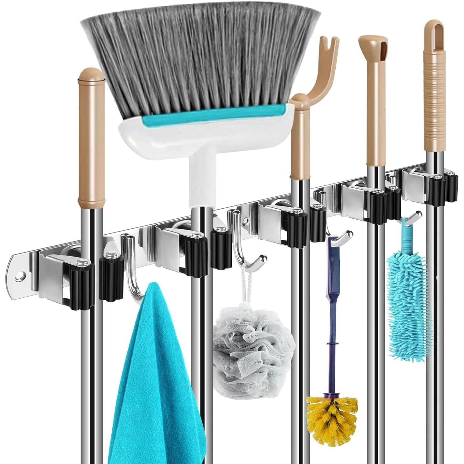 Wall-Mounted Mop and Broom Organizer – 5 Slots, 4 Hooks – product image 1