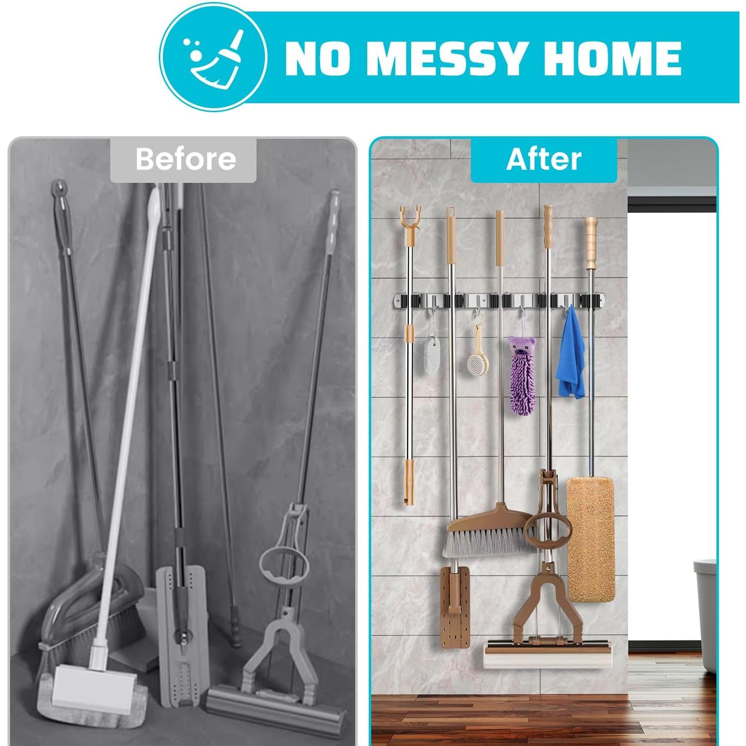 Wall-Mounted Mop and Broom Organizer – 5 Slots, 4 Hooks – product image 6