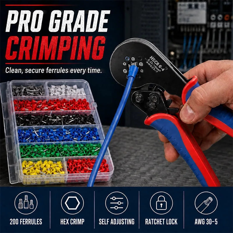 Self-Adjusting Ferrule Crimping Tool Kit with 200 Terminals