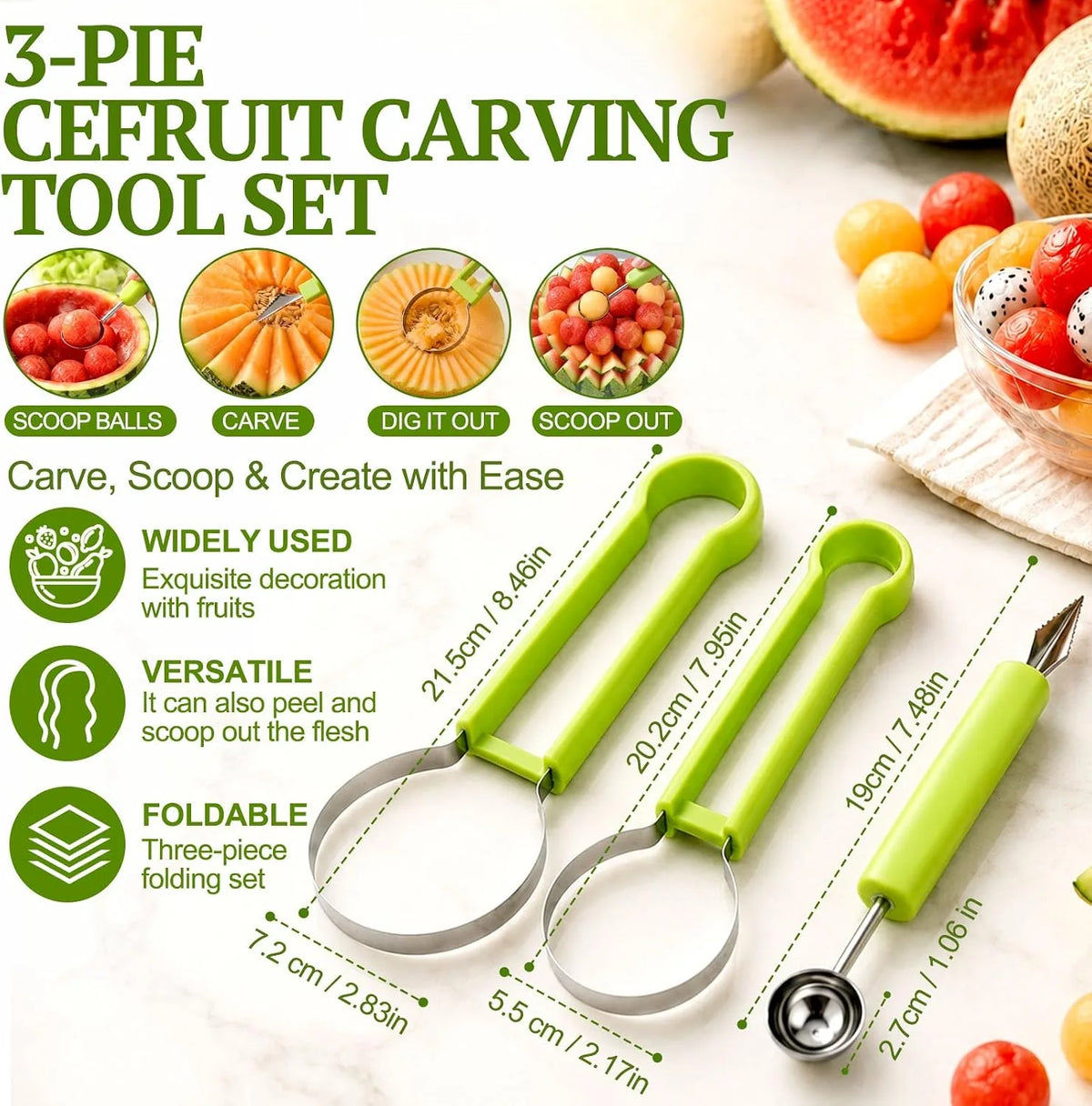3-in-1 Stainless Steel Melon Baller and Fruit Tool Set