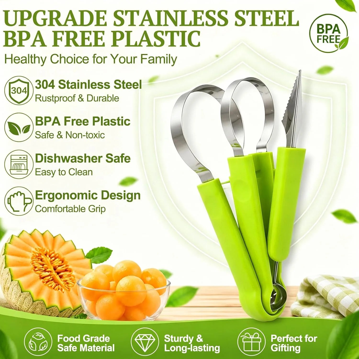 3-in-1 Stainless Steel Melon Baller and Fruit Tool Set