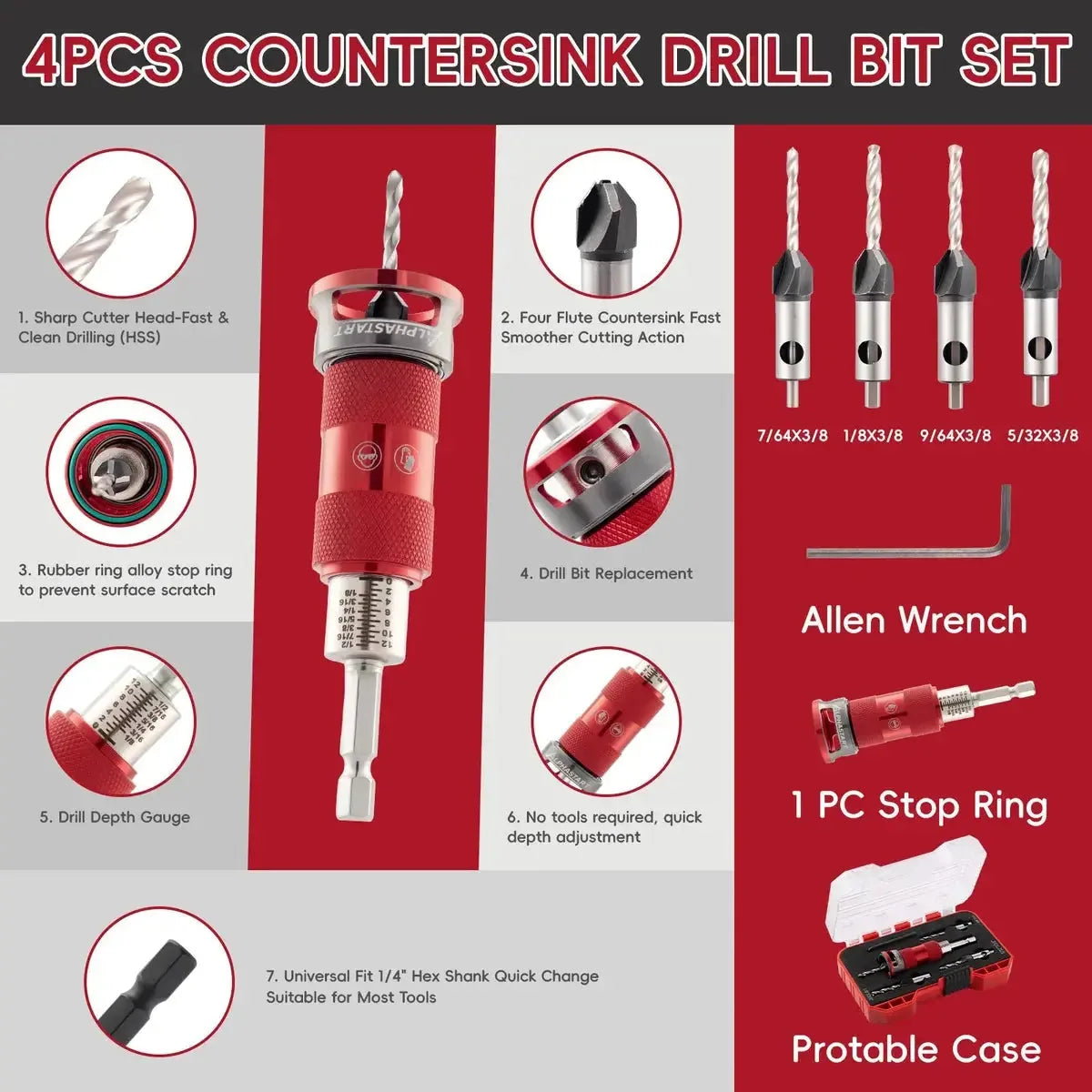4-Piece Countersink Drill Bit Set with Depth Stops – product image 3