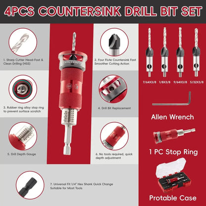 4-Piece Countersink Drill Bit Set with Depth Stops – product image 3