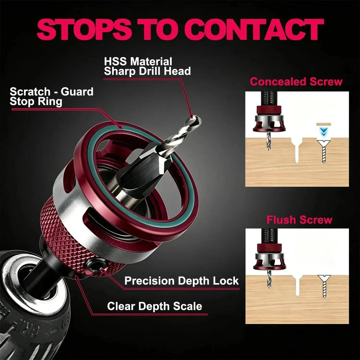 4-Piece Countersink Drill Bit Set with Depth Stops – product image 5