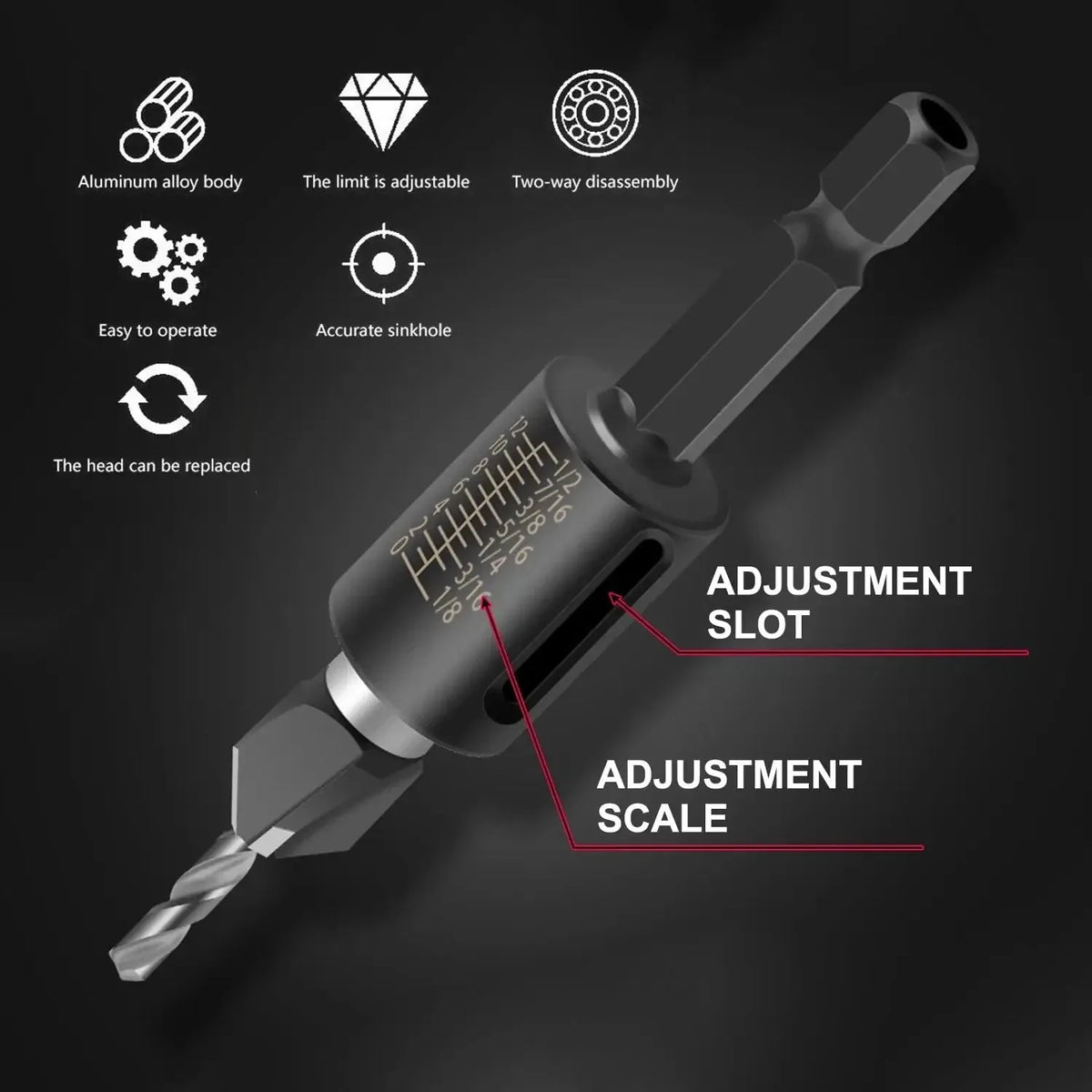 4-Piece Countersink Drill Bit Set with Depth Stops – product image 6