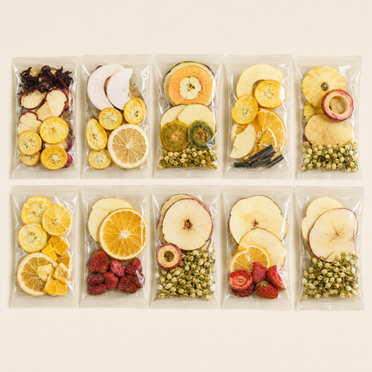 Ten individually packed fruit and herbal tea sachets