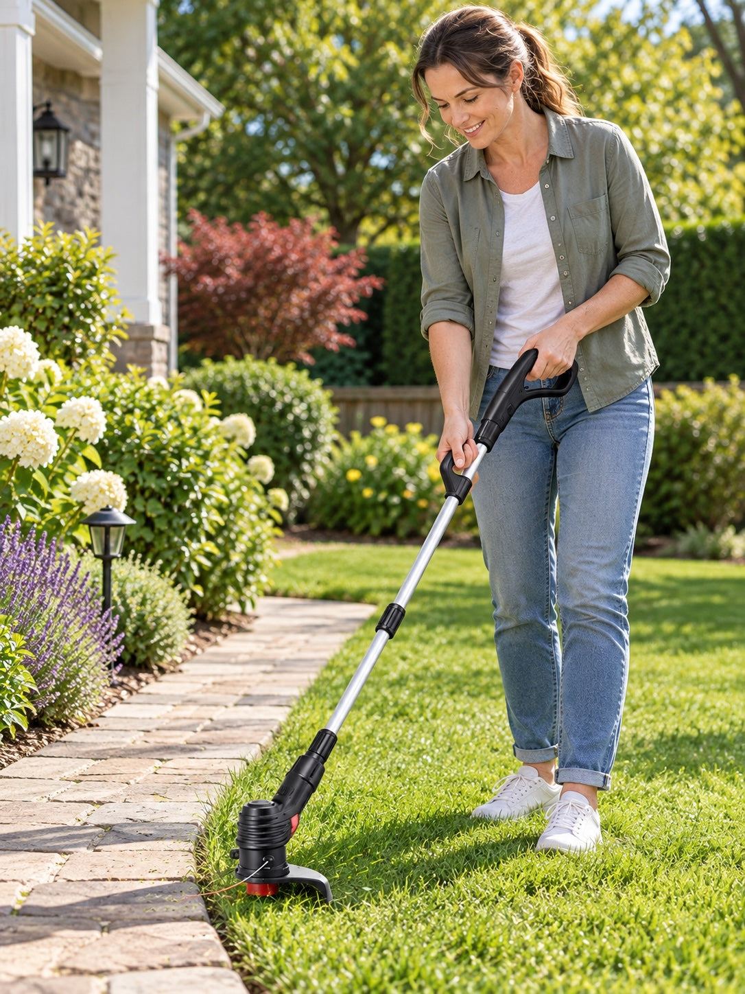 Compact cordless garden trimmer tidying a lawn edge beside a path