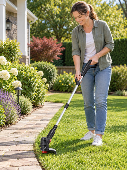 Compact cordless garden trimmer tidying a lawn edge beside a path
