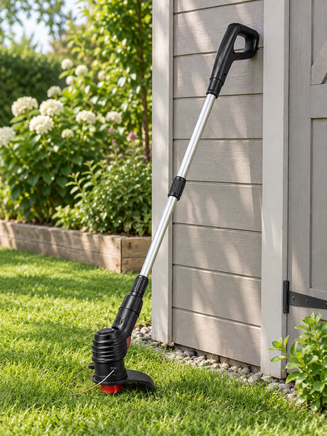 Full compact cordless garden trimmer with telescoping shaft and guarded head