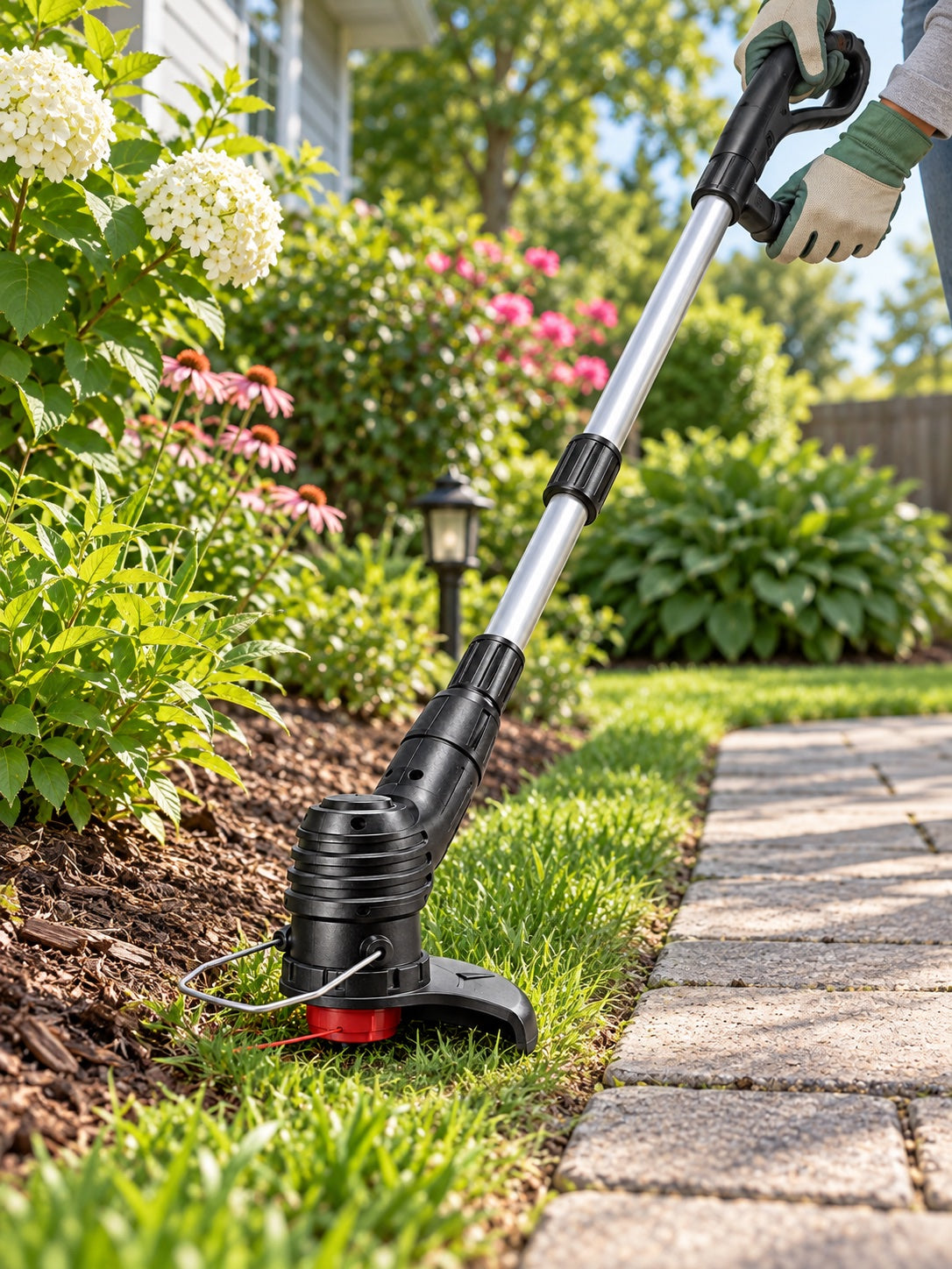 Cordless garden trimmer used along a flower-bed and paving edge