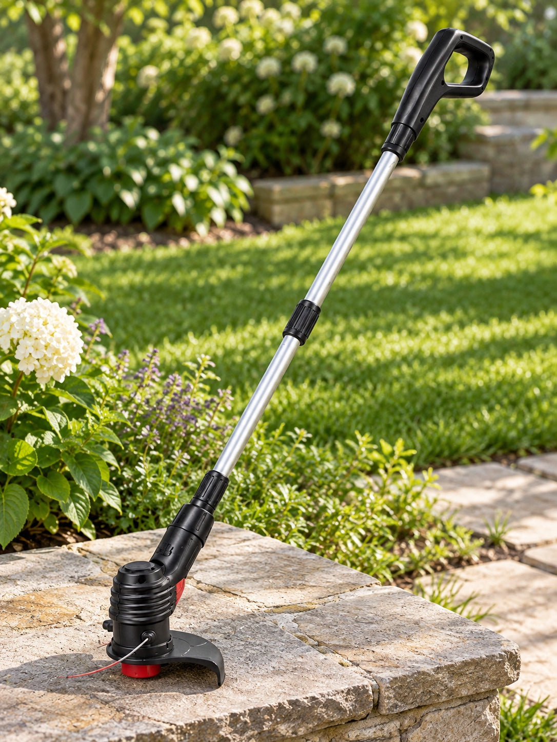 Garden trimmer showing handle, shaft, and guarded cutting head
