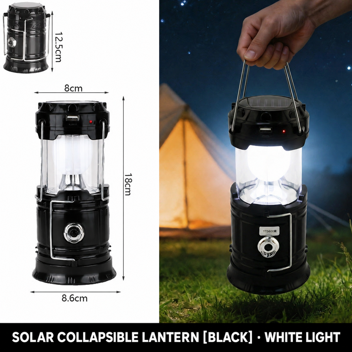 Black solar collapsible lantern dimensions and campsite use