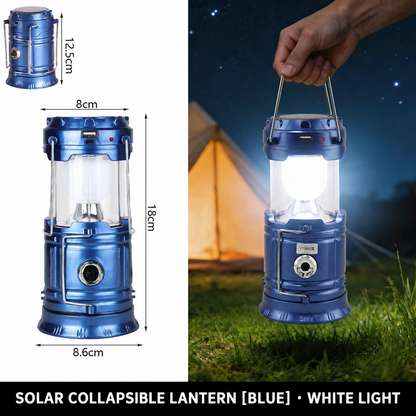 Blue solar collapsible lantern dimensions and campsite use