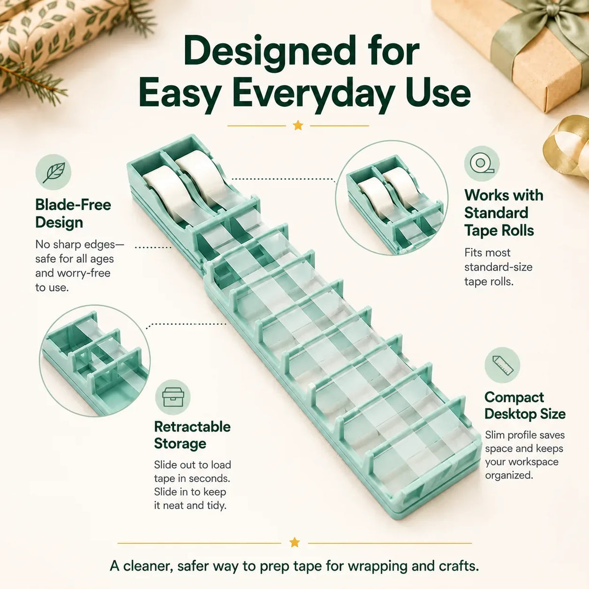 Retractable Tape-Strip Prep Dispenser for Gift Wrapping — view 4